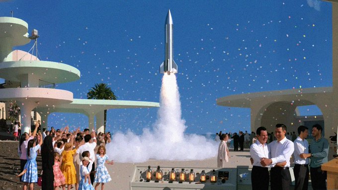 A retro-styled image showing a crowd watching a rocket launch from what appears to be a 1960s-era facility, with confetti in the sky and people in period attire reacting in amazement.