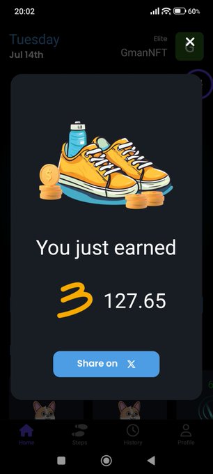 A mobile app screenshot showing a reward notification: 'You just earned 127.65' (3 units) with a sneaker and coins illustration, dated Tuesday Jul 14th, with a 'Share on X' button.