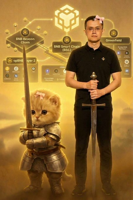 A man with glasses stands next to a small kitten dressed as a knight, both holding swords against a golden background featuring BNB Beacon Chain, BNB Smart Chain (BSC), and opBNB Layer 2 logos.