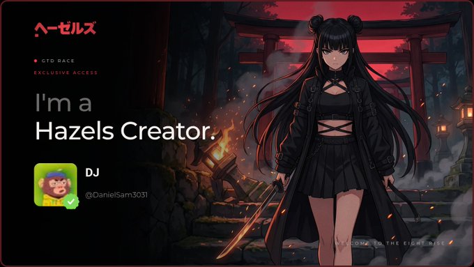 A profile banner for 'DJ' (@DanielSam3031) displaying 'I'm a Hazels Creator.' with an anime-style female character in black standing before a red torii gate.