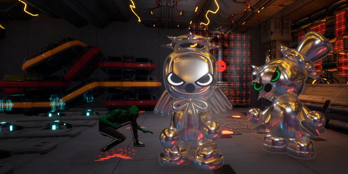 A video game scene featuring two shiny, metallic, chrome-finished cartoon characters with glowing eyes standing next to a crouched human figure in green in a futuristic industrial setting.