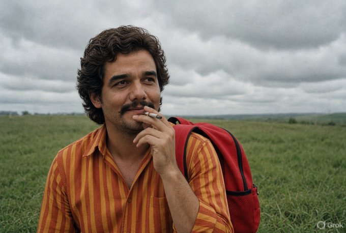 An AI-generated image by Grok of a man with curly hair and a mustache wearing an orange and yellow striped shirt, smoking a cigarette and carrying a red backpack in a grassy field.