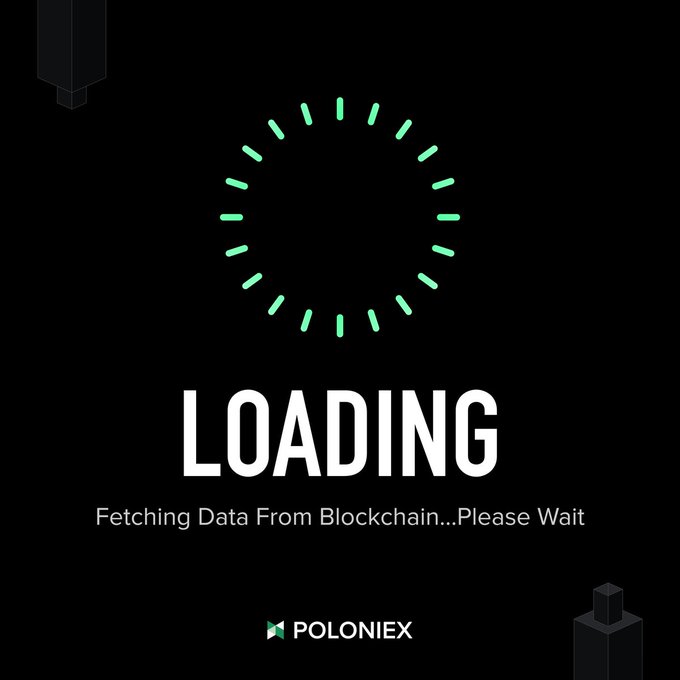 A black loading screen from Poloniex displays a green spinning circle above the text "LOADING" and "Fetching Data From Blockchain...Please Wait." The image suggests anticipation while the post declares "BITCOIN IS COOKING SOMETHING," implying upcoming market movement that the exchange is preparing to display.