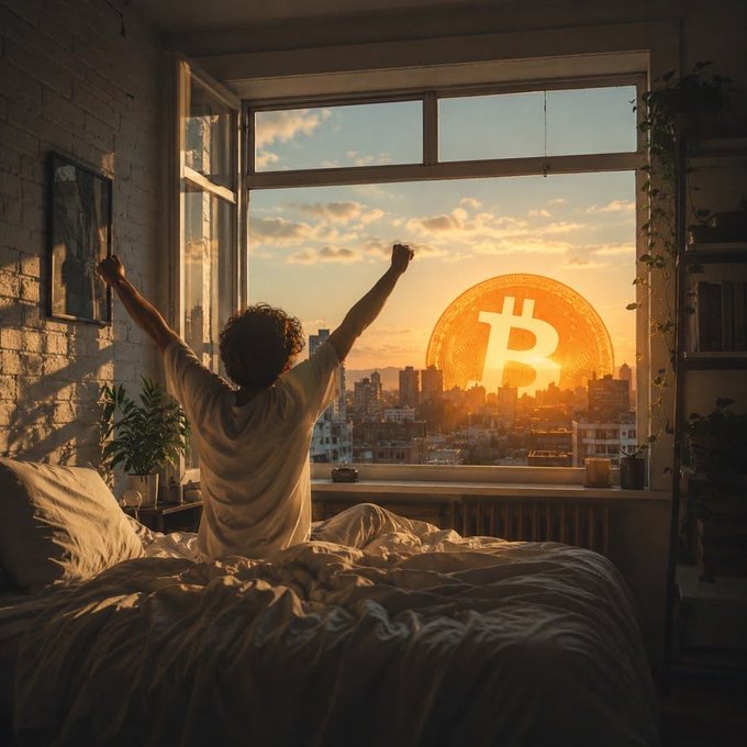 A person stretches triumphantly in bed at sunrise, gazing out a window at a glowing Bitcoin symbol rising over a city skyline. The image symbolizes early-morning optimism and a fresh start, mirroring the post's hopeful "Good morning" greeting and its theme of tackling adoption friction at the beginning of a new week.