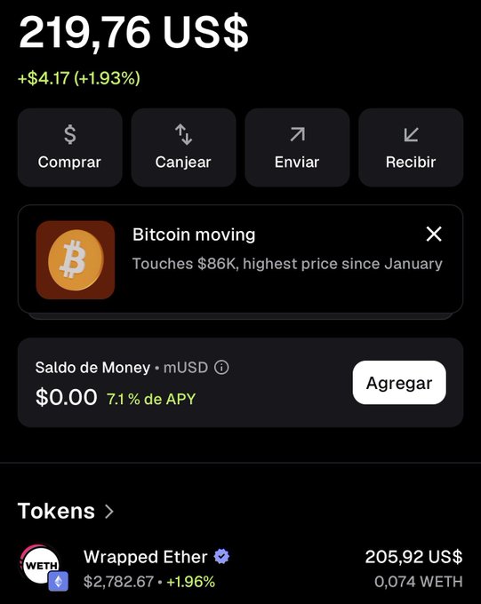 A cryptocurrency app screen showing a balance of 219,76 US$ (+$4.17, +1.93%) with a Bitcoin notification ('Touches $86k, highest price since January') and a holding of 0.074 Wrapped Ether (WETH) valued at 205,92 US$.