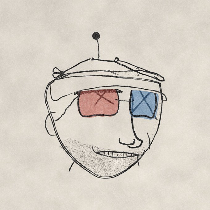 A crude, hand-drawn sketch of a face with a small antenna on top, wearing sunglasses with red and blue lenses marked with X's.