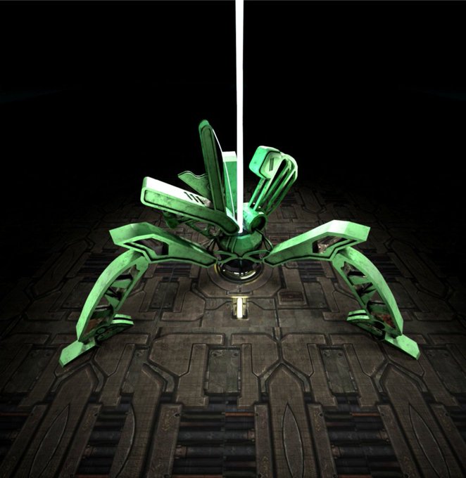 A 3D render of a green, mechanical, spider-like object with multiple articulated legs, featuring text including "SPACEX" on one of its limbs, sitting on a dark, textured metallic floor against a black background.