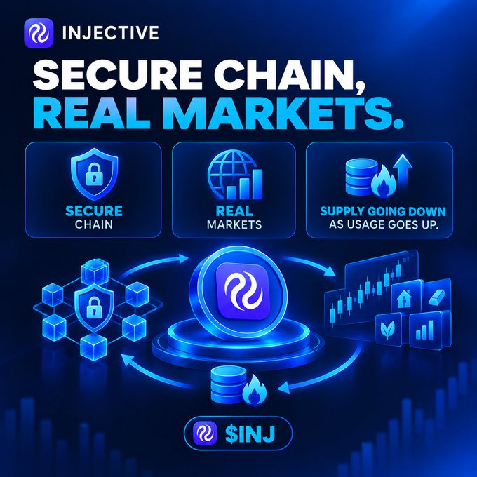 A promotional graphic for the cryptocurrency INJECTIVE ($INJ) with the text 'SECURE CHAIN, REAL MARKETS.'