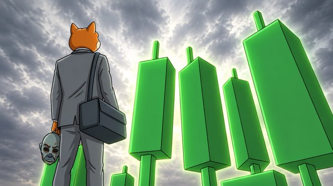 A fox-headed figure in a suit walks towards a series of green candlestick charts, suggesting a bullish market trend, as the post states "every cycle points to the same destination." The figure is also carrying a detached, eerie human face, perhaps symbolizing the loss of identity or humanity in the pursuit of financial gains.