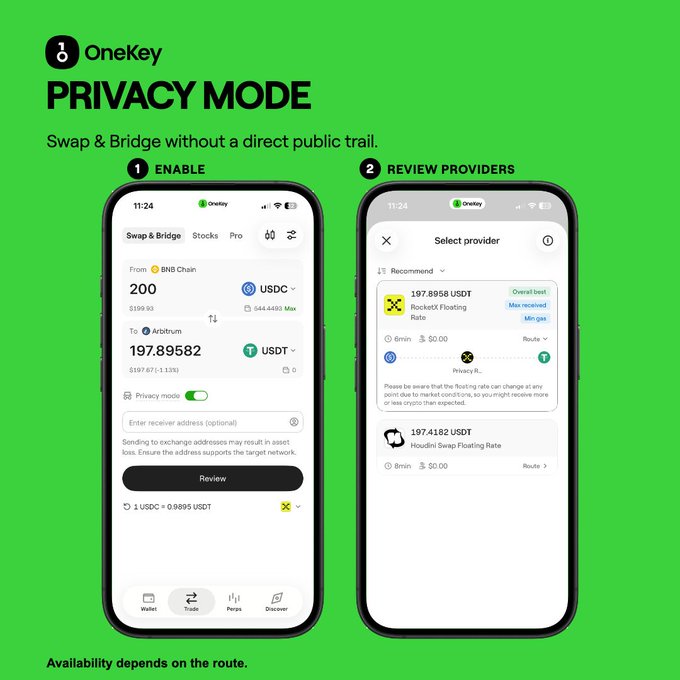 A promotional graphic for "OneKey PRIVACY MODE" with the tagline "Swap & Bridge without a direct public trail.", showing two phone screens detailing how to enable and review providers.