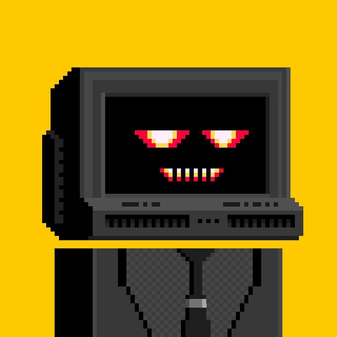 A pixel art illustration features a retro computer monitor displaying a sinister face with glowing red eyes and a menacing grin, set against a bright yellow background. The robot-like figure with a dark, checkered body ties into the "FLLW" (follow) call-to-action, serving as an edgy, tech-themed mascot to promote the giveaway requiring participants to follow the accounts and drop their $ZEC address.