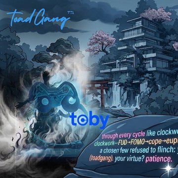 An anime-style illustration titled 'toad gang' showing a blue, glowing toad-like creature surrounded by smoke at night, with text mentioning 'toadgang' and a virtue/patience reference.