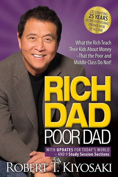The image shows the cover of "Rich Dad Poor Dad" by Robert T. Kiyosaki, featuring his portrait alongside text declaring it "THE #1 PERSONAL FINANCE BOOK OF ALL TIME" and "CELEBRATING 25 YEARS," with the subtitle "What the Rich Teach Their Kids About Money—That the Poor and Middle Class Do Not!"

This cover relates to the news of Kiyosaki facing over $1.2 billion in debt from failed investments, as it shows the very author whose financial teachings have come under scrutiny following his reported real-estate and crypto losses.