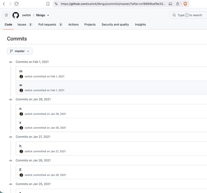 A screenshot of a GitHub repository page showing commits by switck to the libngu master branch, with single-letter commit messages (m, w, n, x, h, E) dated from late January and February 2021.