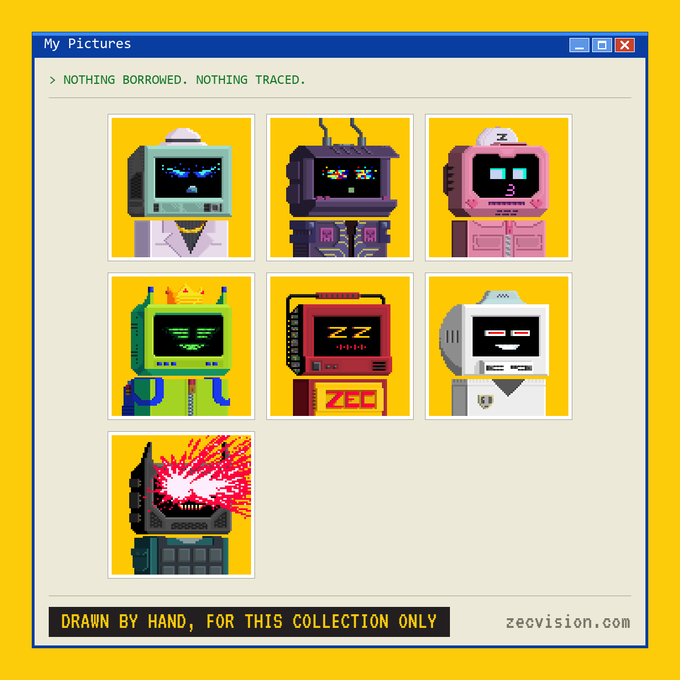 A pixel art collection titled 'My Pictures' featuring seven distinct, blocky robot characters with various facial expressions displayed against yellow backgrounds.