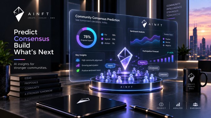 An AINFT promotional banner featuring the tagline 'Predict Consensus Build What's Next' with a dashboard showing 78% projected support, sentiment analysis, and a futuristic office background.