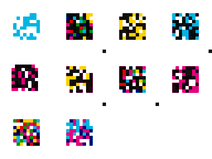 Ten colorful pixelated square designs arranged in a grid on a white background, featuring various abstract patterns in cyan, pink, yellow, and black.