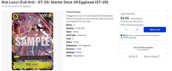 An online listing for a "Rob Lucci (Full Art)" trading card from Starter Deck 29 (ST-29) priced at $2.05, showing character details like 6000 power and a Trigger ability.