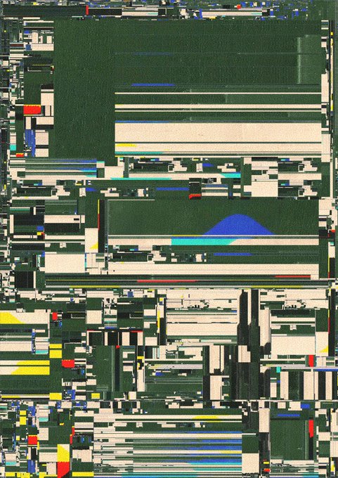An abstract digital artwork featuring horizontal stripes of green, white, blue, and yellow colors with blocky, glitch-like patterns.