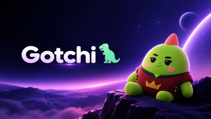 A promotional image for 'Gotchi' features a 3D-rendered green dinosaur-like character with a red mohawk wearing a maroon outfit, sitting on a rocky cliff against a purple space backdrop with planets and stars.