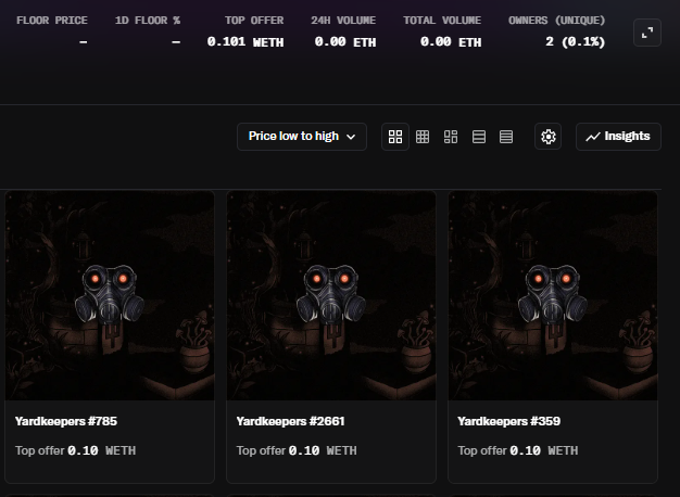 The image shows a NFT marketplace listing for the "Yardkeepers" collection, displaying three items (#785, #2661, and #359) each with a top offer of 0.10 WETH, alongside market stats showing a top offer of 0.101 WETH and 2 unique owners (0.1%). This appears to be a trading dashboard for the $YARD token, providing details on swap options via Anvil and GMGN, along with the contract address for the fully minted Yardkeepers collection.