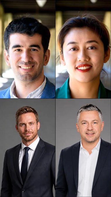The image is a four-panel collage featuring headshot portraits of individuals—two in the top row (a man and a woman) shown in more candid settings, and two in the bottom row (two men) in formal professional attire against gray backdrops. The post identifies them as the co-founders and key figures of Pi Network, with the post text focusing on Dr. Nicolas Kokkalis, the Stanford PhD CTO. The portrait style and professional presentation align with the post's narrative of highlighting accomplished academics and entrepreneurs behind the Pi Network project.