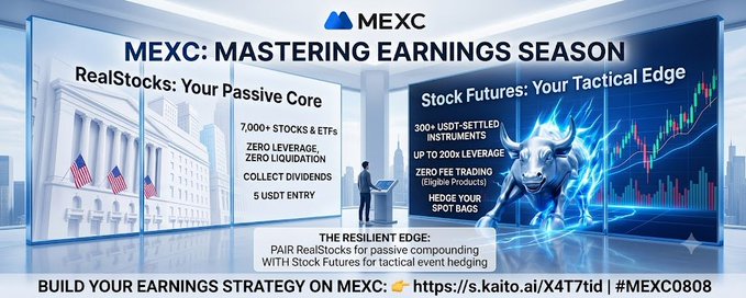 This promotional banner for MEXC, titled "MASTERING EARNINGS SEASON," contrasts two trading approaches: "RealStocks" as a passive core (7,000+ stocks/ETFs, zero leverage, dividends, $5 USDT entry) and "Stock Futures" as a tactical edge (300+ USDT-settled instruments, up to 200x leverage, zero fees, spot bags), illustrated with a Wall Street building and a bullish blue charging bull against candlestick charts. The "RESILIENT EDGE" tagline reinforces the post's advice—pairing RealStocks for long-term conviction with Stock Futures for tactical event-driven trades like earnings calls and token unlocks.
