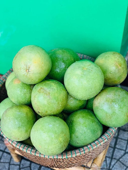 A woven basket filled with fresh green oranges/limes stacked against a bright green background.