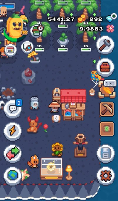 Screenshot of a mobile idle game featuring pixel art characters, a shop, and UI elements showing resources like 5441.27 wooden coins and 292 gold coins.