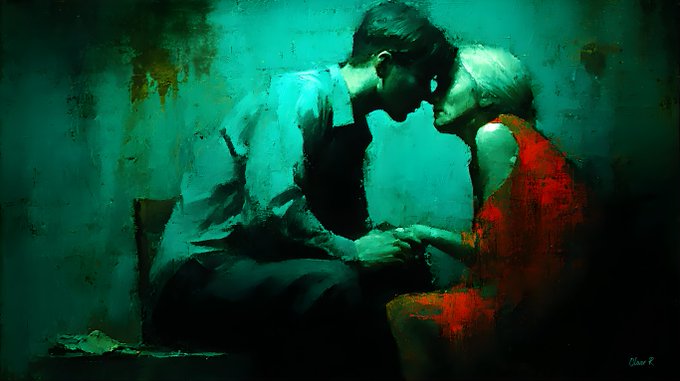 A moody, expressionistic painting shows a man and a blonde woman in a red dress pressing their foreheads together intimately, rendered in dark teal and crimson tones.
