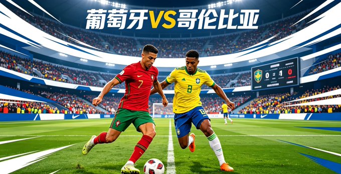 Two soccer players—one in Portugal's red jersey (#7) and another in Colombia's yellow jersey (#8)—compete for the ball on a stadium pitch, with bold text above reading "葡萄牙VS哥伦比亚" (Portugal VS Colombia) and a scoreboard displaying 0–1, visually promoting a match prediction giveaway offering 2000 USDT to 50 correct scorers.