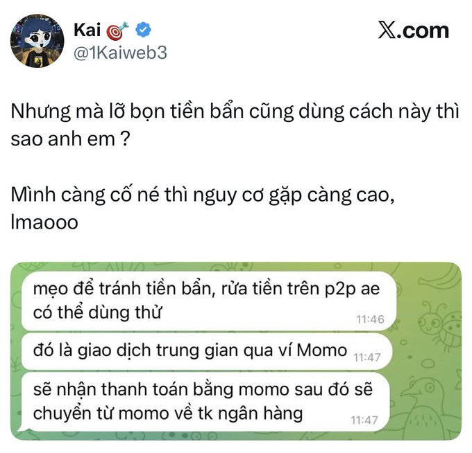 A screenshot of an X post by 'Kai @1Kaiweb3' in Vietnamese discussing money laundering, accompanied by a screenshot of chat messages about avoiding dirty money transfers via MoMo.