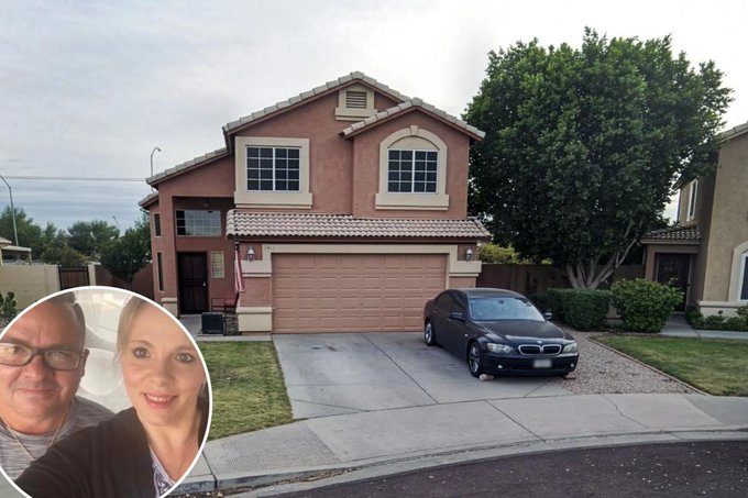 A two-story pink house with a tan garage door and a black BMW parked in the driveway, featuring an inset circular photo in the corner of a smiling couple.