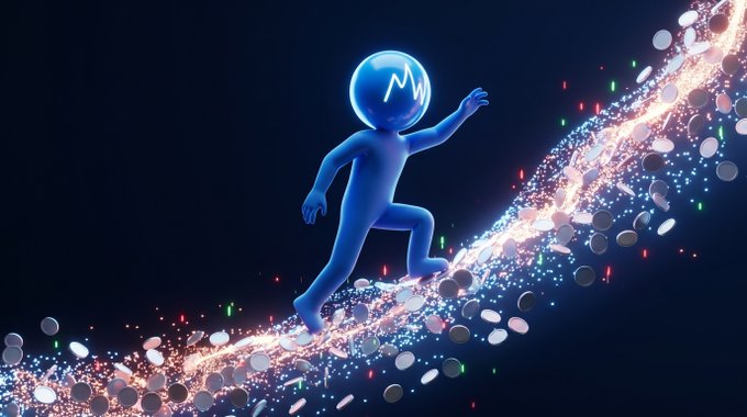 The image features a 3D rendering of a person walking across a wave-like structure composed of small circles and lines. The person appears to be wearing a blue helmet with a microphone attached to it, suggesting they might be involved in some sort of audio or communication technology project. The background is dark, which contrasts with the bright colors used for the waves and the person's helmet. The image also contains text that reads "day one of $USDUC on YELL: 
10+ creators in, 300+ tweets out. that'S not people posting once for a payout and ghosting. That'S creators who found something worth showing up for."