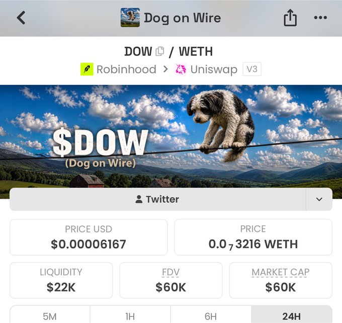 The image shows the "Dog on Wire" ($DOW) token page on Uniswap V3, displaying key metrics: price USD at $0.000006167, liquidity of $22K, and a market cap/FDV of just $60K. The post contrasts the modest $60K valuation of this meme token with "$hmm cat on wire at $6m mcap," humorously questioning $DOW's potential to reach similar heights.