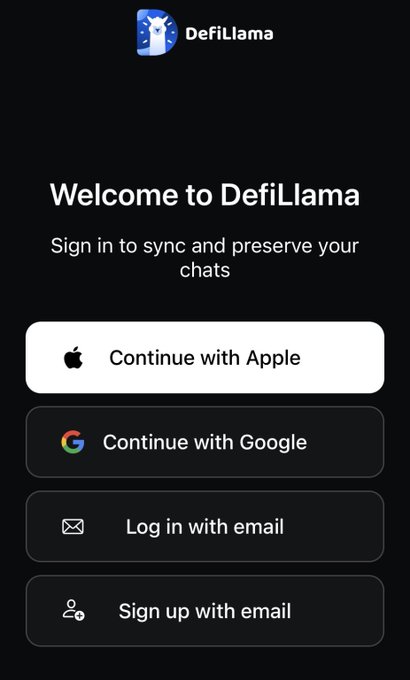 The image displays the DefiLlama app's welcome screen featuring the tagline "Welcome to DefiLlama – Sign in to sync and preserve your chats," with four sign-in options: Continue with Apple, Continue with Google, Log in with email, and Sign up with email. This aligns with the post announcing new social login functionality on the DefiLlama mobile app, allowing users to easily access LlamaAI and bonus queries directly from their phones.