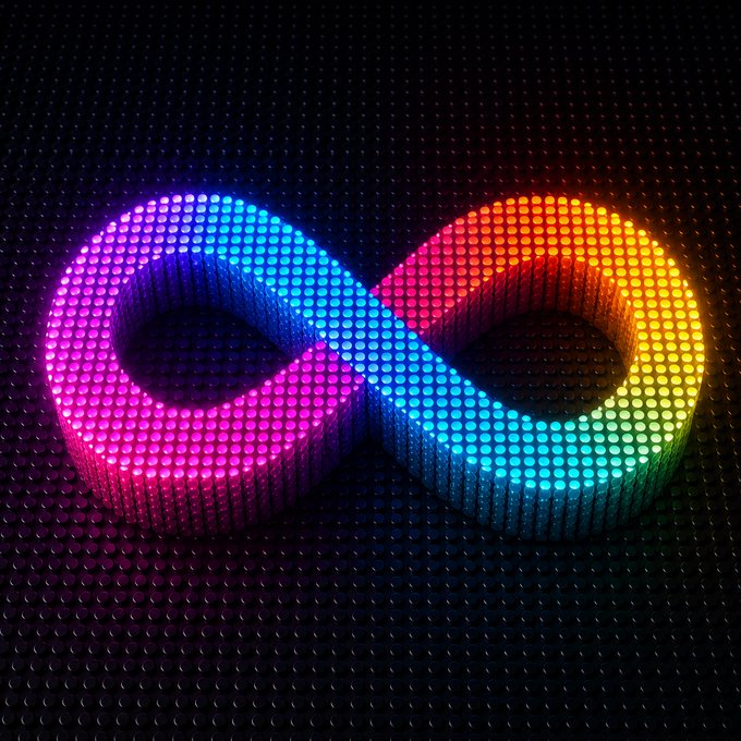 A glowing neon infinity symbol composed of multicolored LED-style dots on a dark background. The image visually represents the concept of infinity, which can be associated with the ticker symbol "$ICP."
