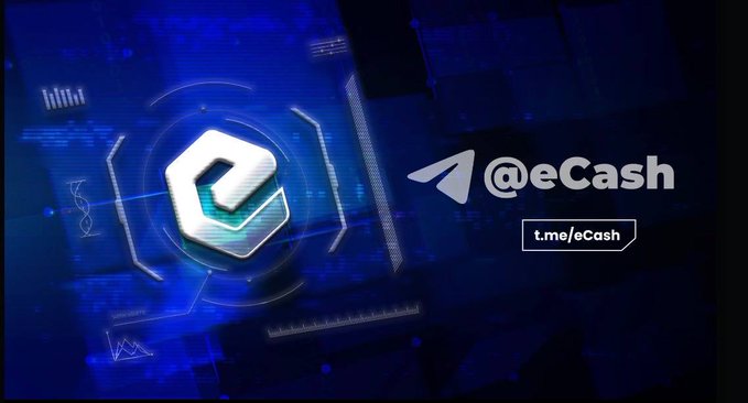 The image features a futuristic blue digital design with a stylized hexagonal "e" logo and a Telegram paper plane icon, displaying the text "@eCash" and "t.me/eCash" as promotional branding for the eCash cryptocurrency project. It visually reinforces the post's emphasis on eCash's innovative blockchain architecture, symbolizing the advanced technology behind the platform.