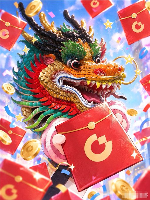 A vibrant digital illustration features a colorful Chinese dragon surrounded by red envelopes with gold logos and gold coins, set against a sky-blue background.