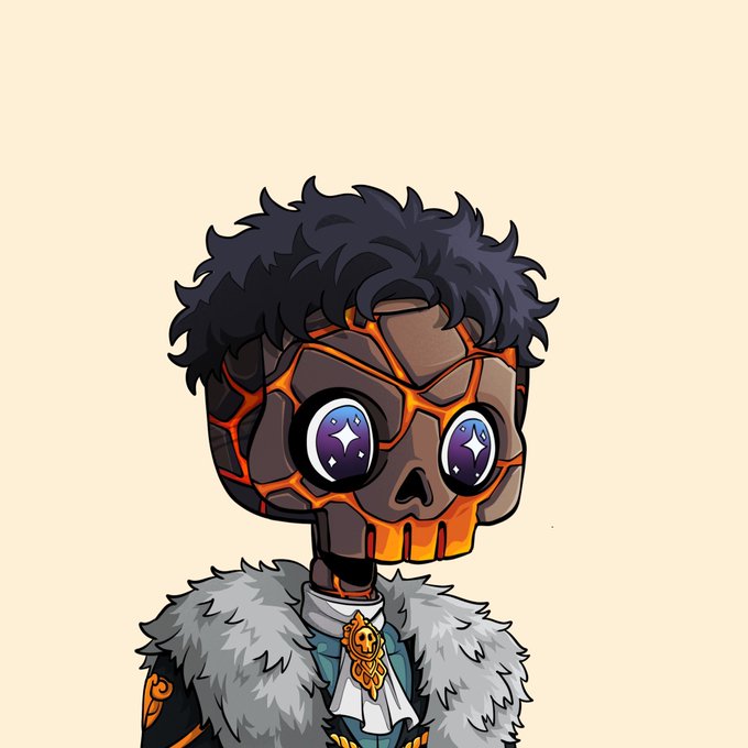 A stylized chibi character with a skull-like, cracked lava mask featuring large purple starry eyes, dark messy hair, and a fur-collared outfit with a golden skull pendant. The "Drop Ded Gorgez" caption plays on the chibi's cute, exaggerated design paired with its fiery, menacing skull aesthetic, evoking a humorous contrast between adorable style and hardcore, death-themed imagery.