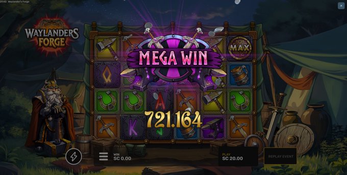 A screenshot from the slot game "Waylander's Forge" displays a "MEGA WIN" of SC 721,164 on a SC 20.00 wager, featuring weapon and rune symbols on a 5x3 grid with a bearded warrior character on the left side, likely used to promote a crypto gambling giveaway on Stake.