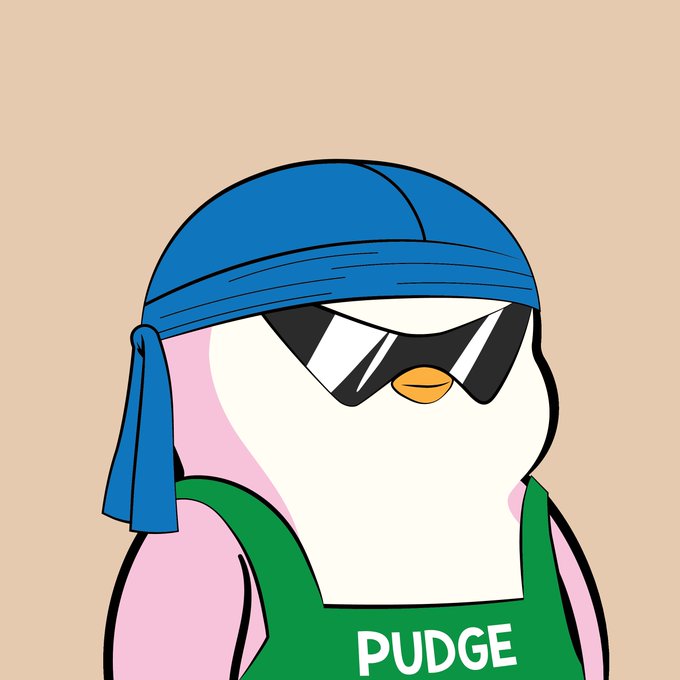 The image features a cartoon penguin wearing sunglasses, a green shirt with "Pudge" written on it, and a blue bandana tied around its neck. The penguin appears to be standing against a light brown background. There are no other objects or text in the image besides the penguin's attire and the post that reads: 
"Pudge #375 BOUGHT 4.377ETH birbx.eth → pohang.eth opensea.io/assets/ethereu ... Join the huddle: discord.gg/pudgypenguins".