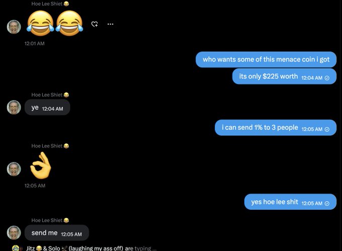 The image features an online chat between three people, each of whom has posted a message or text with emojis attached. Two of them are smiling, which indicates that they're having a good conversation, while one person seems more serious. The screen also shows the time as 12:04 am (noon). The posts include references to money and coins, such as "I can send 1 person 3", indicating a discussion related to finances or currency exchange. One of the people in the chat has tagged another person with the message "holey," which might be unrelated but adds an interesting element to their conversation about coins or money. The overall mood appears friendly and engaging, reflecting positive feelings towards each other.