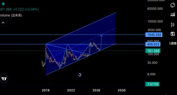 A logarithmic price chart shows XRP/USD at 161.368 (+2.04%) with a blue triangular N-wave pattern and parallel channel projecting upward toward 405.022 and 1545.254 between 2018 and 2030, illustrating the post's call for a delayed multi-year bottom and upcoming "currency reset" rally after years of sideways accumulation.