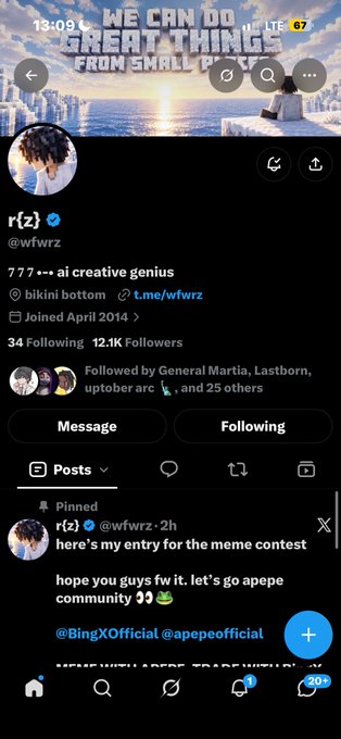 A TikTok profile page for “r(2) @wfwrz,” labeled “ai creative genius,” with a banner reading “WE CAN DO GREAT THINGS FROM SMALL…” and a pinned entry for a meme contest.