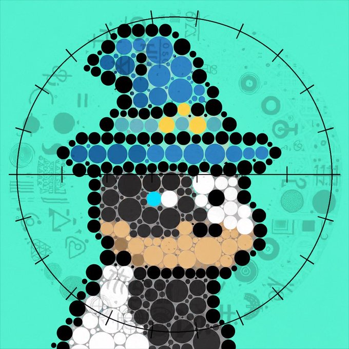 A dotwork-style digital portrait of a wizard hat rendered in blue, yellow, and black circular dots sits centered within a crosshair reticle marked with Roman numerals and occult symbols against a teal background. The image illustrates the "Opens Arcane Gate 16" wizard doginal described in the post, visually representing the mystical gate-opening theme of Pi Approximation Day.