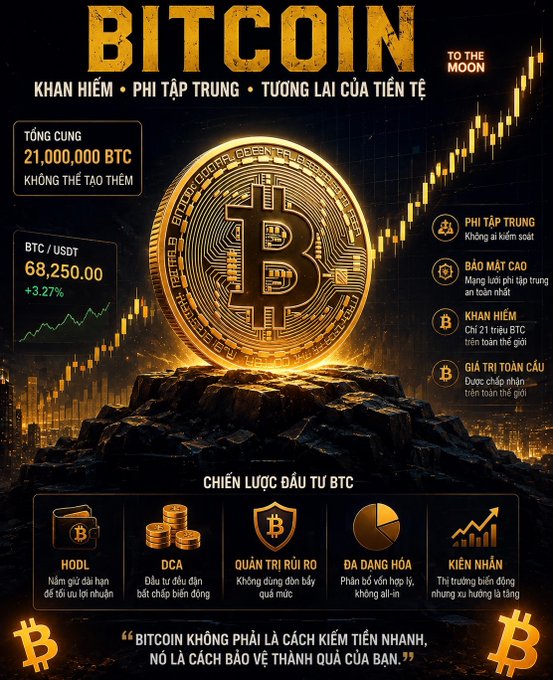 A Bitcoin investment infographic in Vietnamese titled 'BITCOIN' highlights a price of 68,250.00 (+3.27%) and features strategies like HODL, DCA, and diversification.