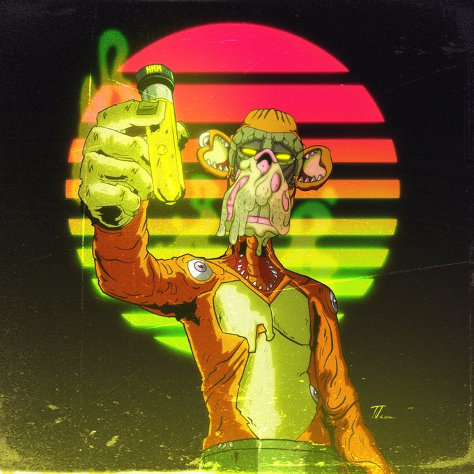 A stylized, retro-futuristic illustration of a grotesque, ape-like figure holding up a glowing green bottle, set against a neon red and green sunburst background.