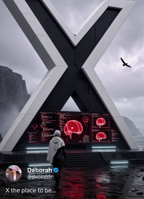 A sci-fi digital artwork by 'Déborah (@dvorahfr)' showing a person standing before a massive X-shaped monument with glowing brain displays, captioned 'X the place to be...'.