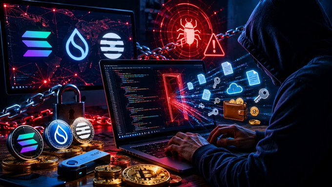 The image shows a person wearing a hoodie working at a desk with two computer monitors placed next to each other. One of the monitors displays a threat map and some malicious packages, indicating an ongoing cyber attack or potential vulnerability. The computer screen also contains text related to cryptocurrency and network security, suggesting that this is a threat targeting cryptocurrency and blockchain development or adoption. The person appears to be focused on their work while dealing with the challenges posed by the evolving technology landscape.